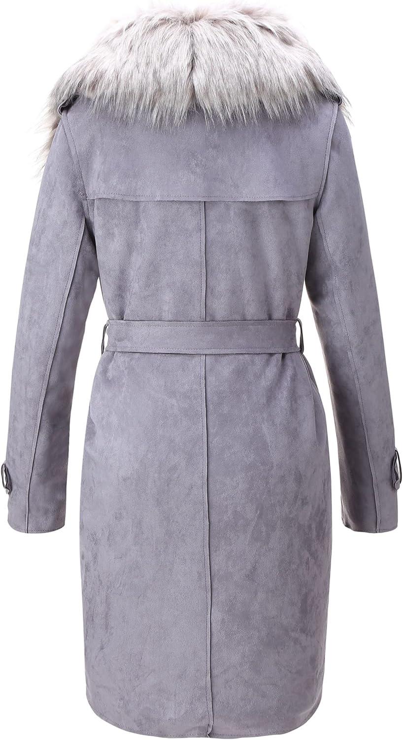 imageBellivera Women Faux Leather Trench Coat FleeceLined Midlength Jacket with Detachable Fur CollarGrey
