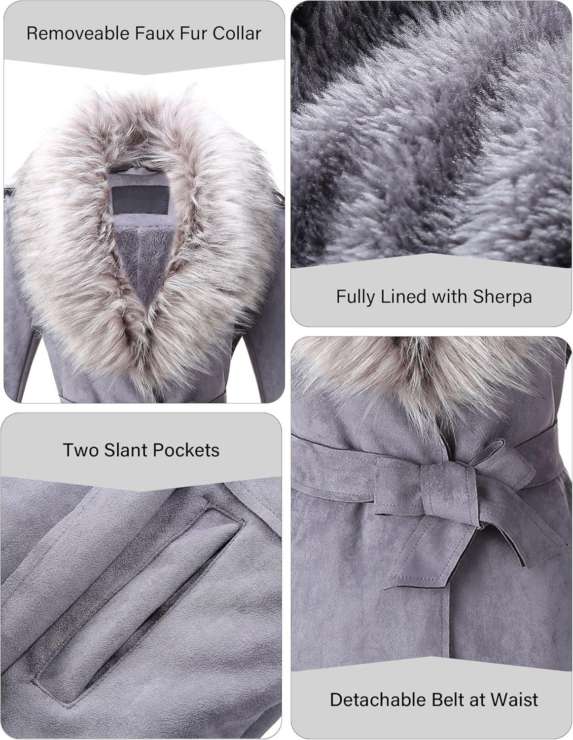 imageBellivera Women Faux Leather Trench Coat FleeceLined Midlength Jacket with Detachable Fur CollarGrey
