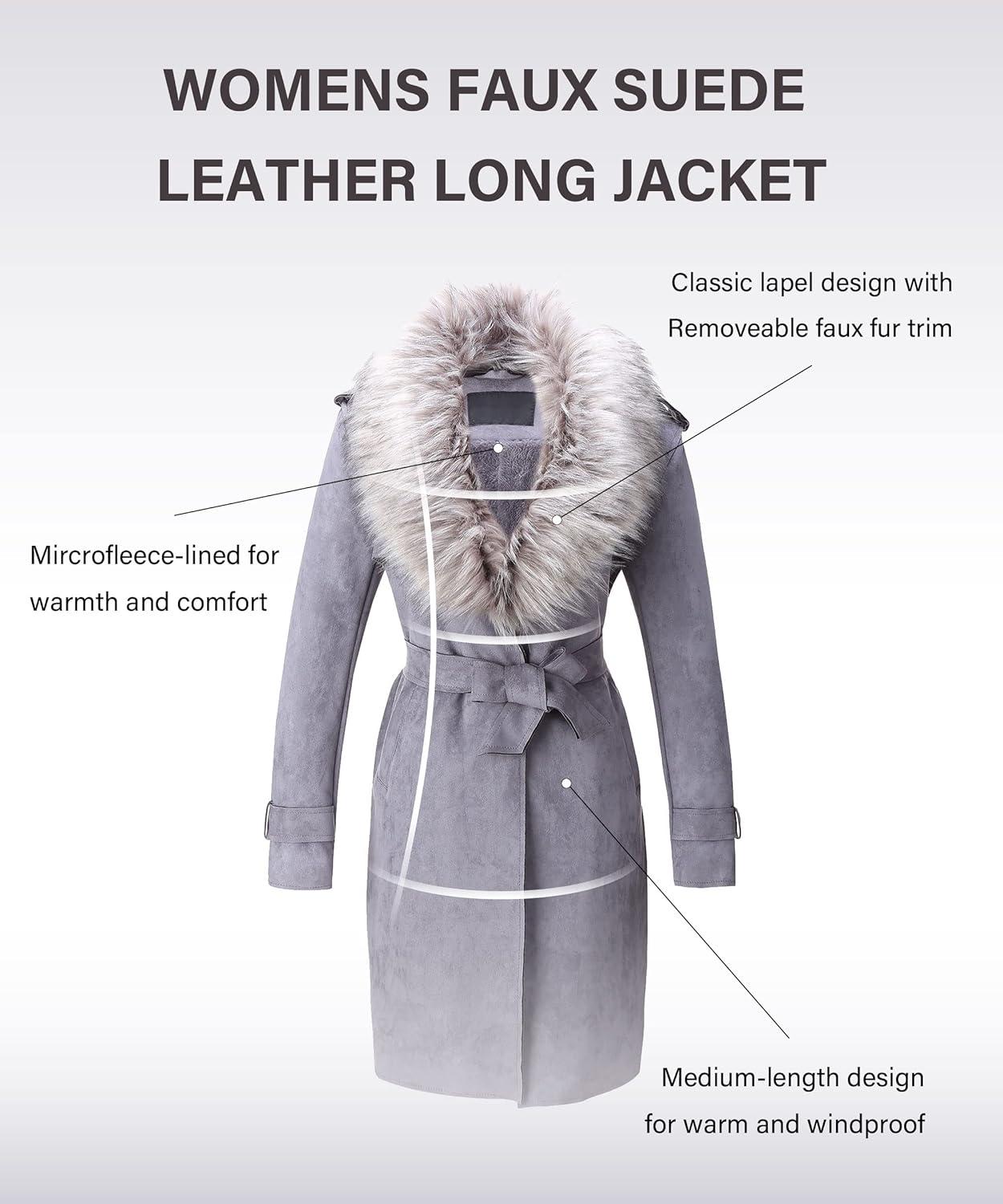 imageBellivera Women Faux Leather Trench Coat FleeceLined Midlength Jacket with Detachable Fur CollarGrey