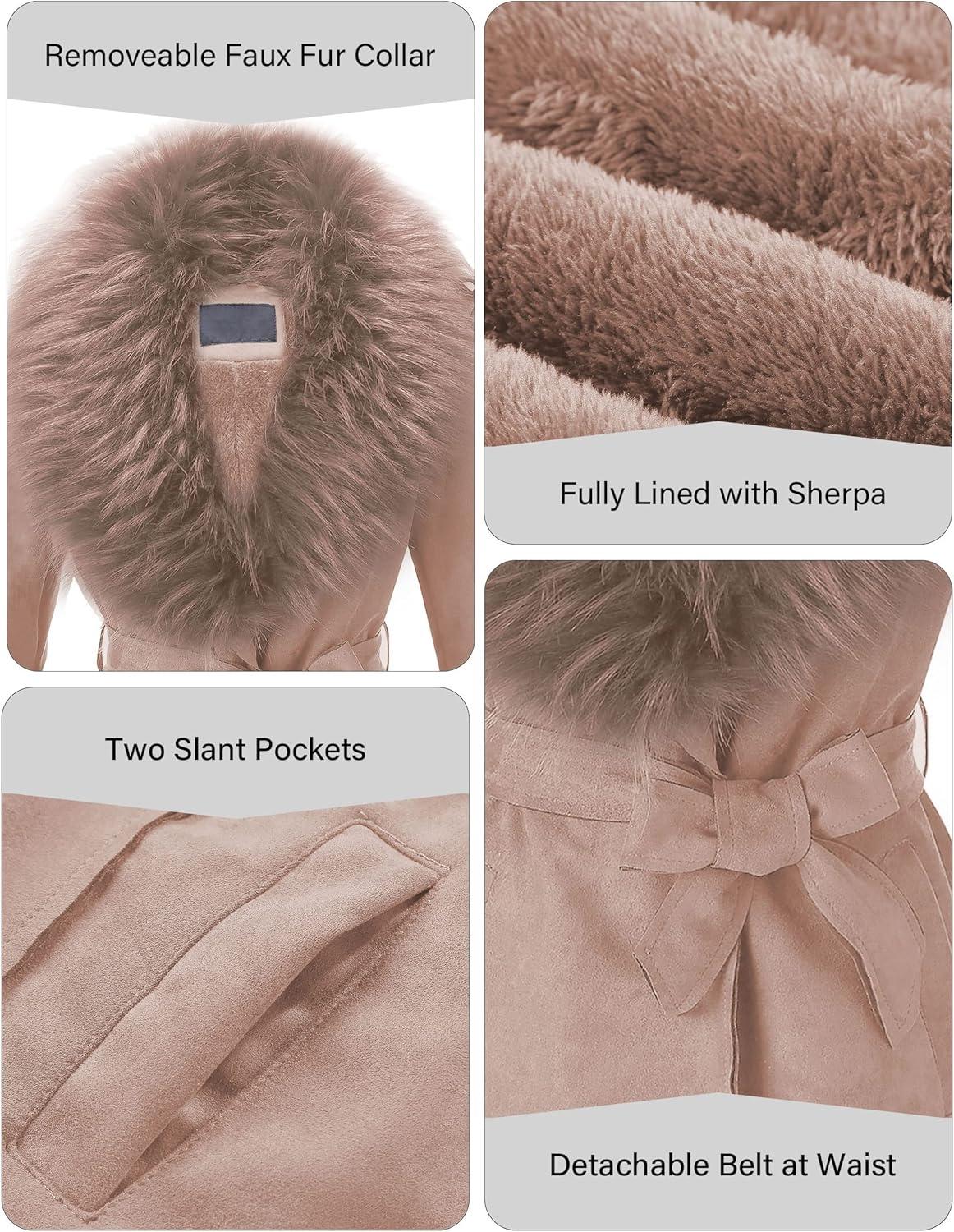 imageBellivera Women Faux Leather Trench Coat FleeceLined Midlength Jacket with Detachable Fur CollarLight Brown