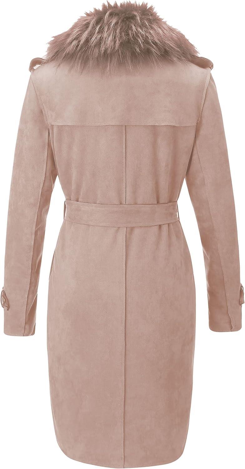 imageBellivera Women Faux Leather Trench Coat FleeceLined Midlength Jacket with Detachable Fur CollarLight Brown