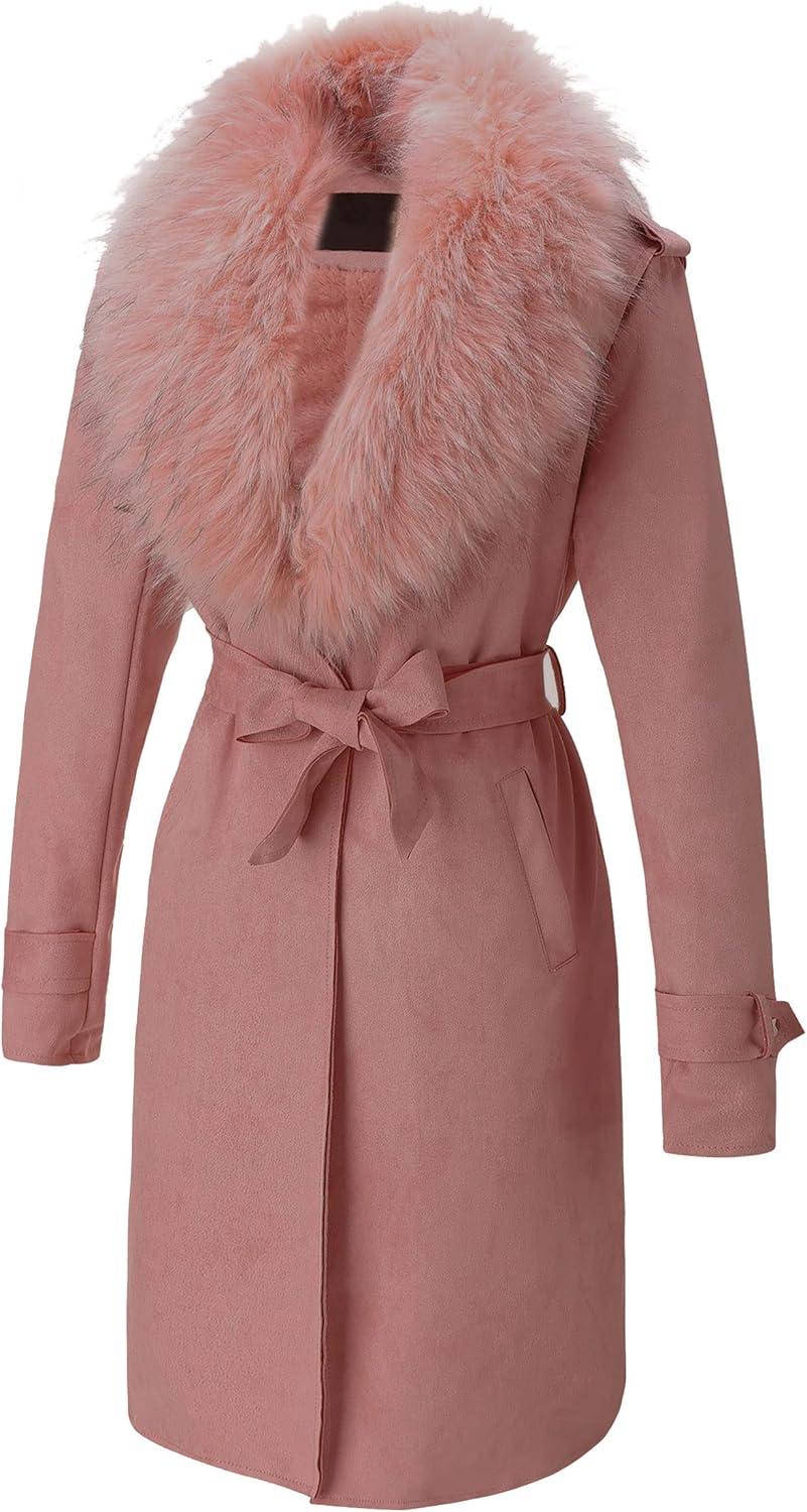 imageBellivera Women Faux Leather Trench Coat FleeceLined Midlength Jacket with Detachable Fur CollarPink