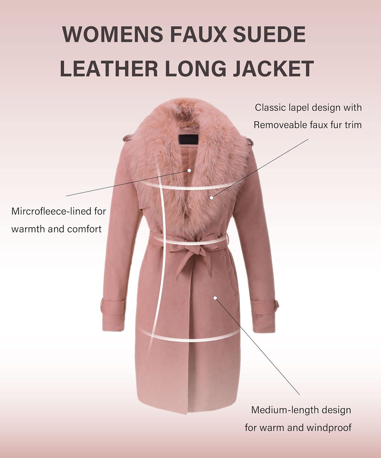 imageBellivera Women Faux Leather Trench Coat FleeceLined Midlength Jacket with Detachable Fur CollarPink