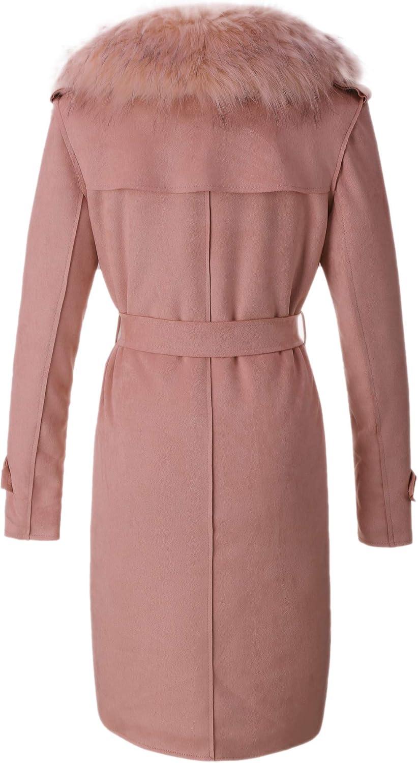 imageBellivera Women Faux Leather Trench Coat FleeceLined Midlength Jacket with Detachable Fur CollarPink