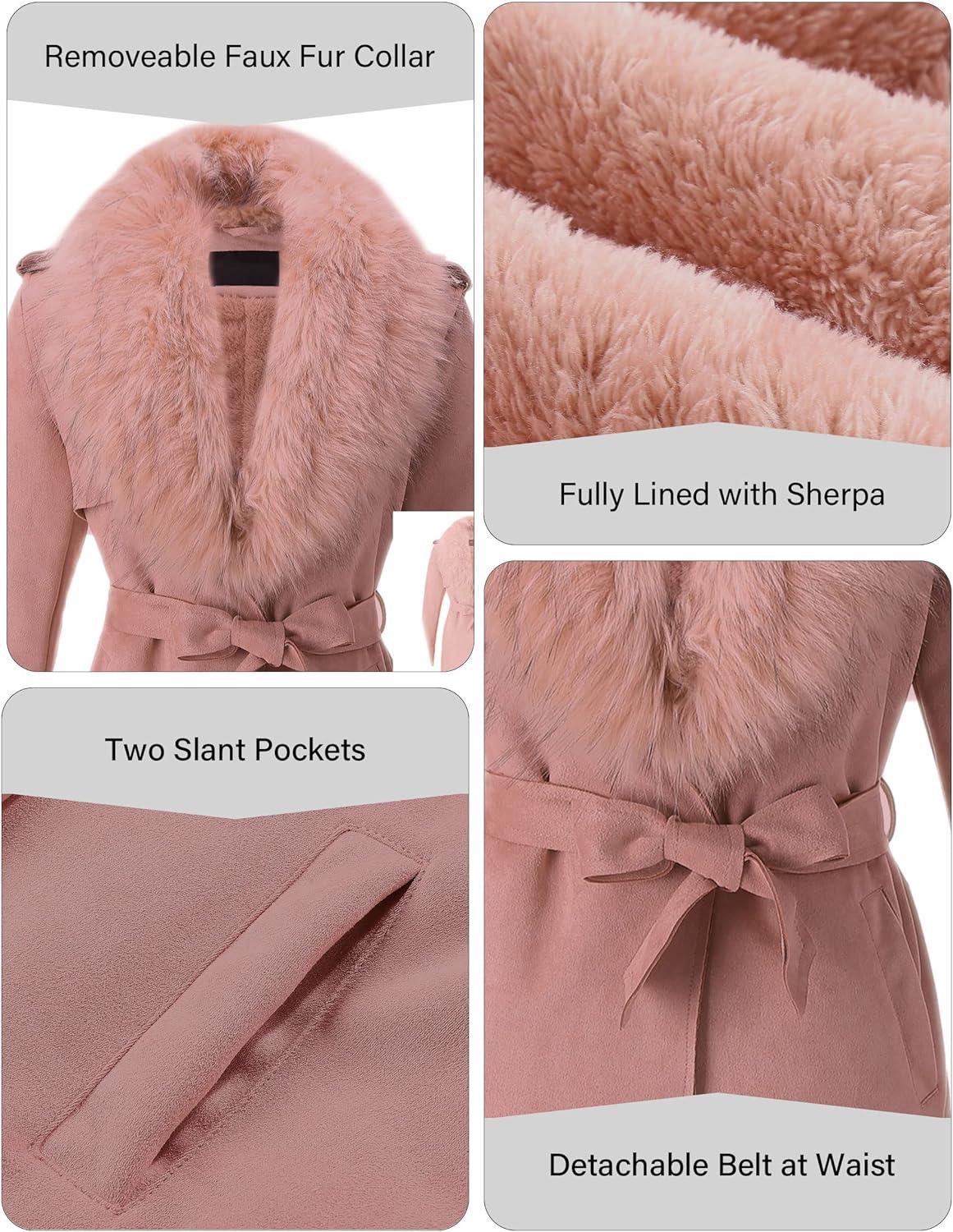 imageBellivera Women Faux Leather Trench Coat FleeceLined Midlength Jacket with Detachable Fur CollarPink
