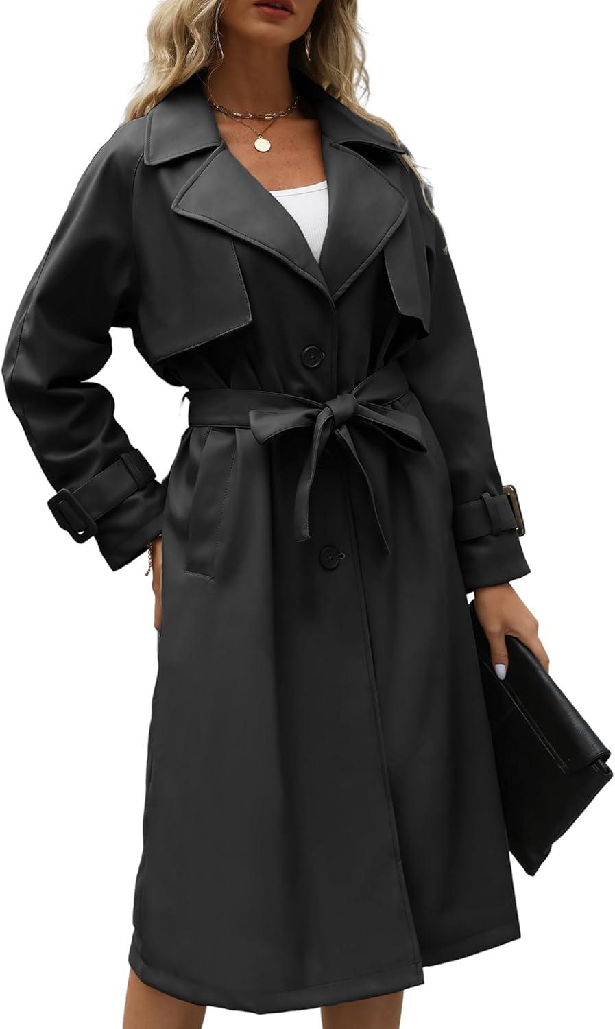 imageBellivera Women Trench Coat Long Loose Jacket Faux PU Leather Oversize Classic Lapel Overcoat with BeltBlack