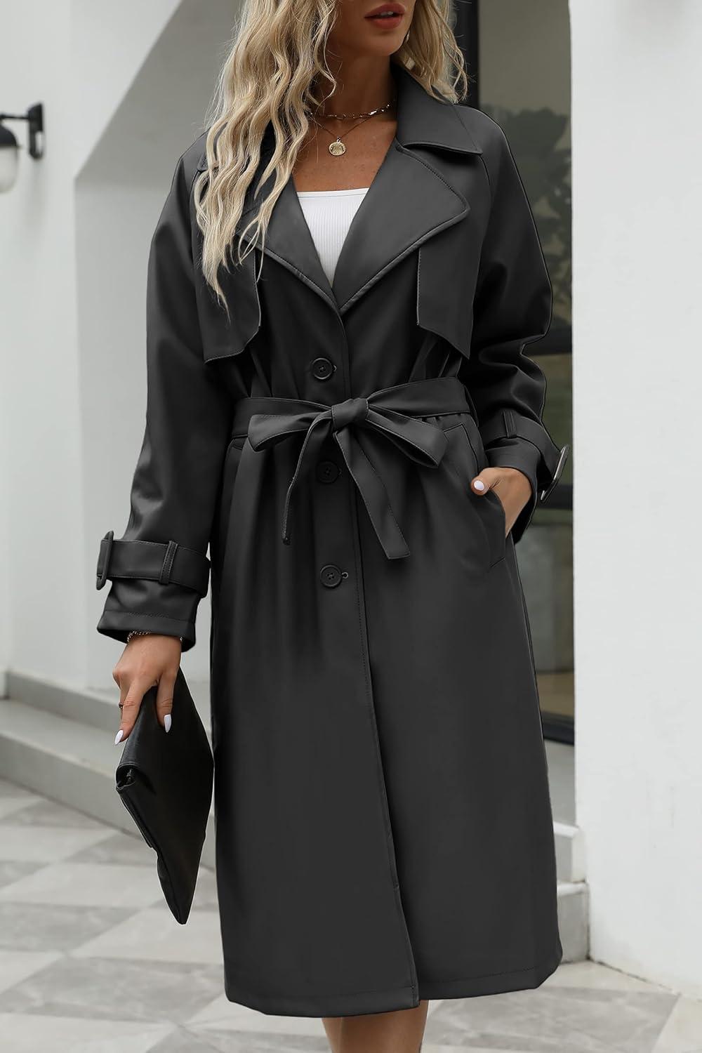 imageBellivera Women Trench Coat Long Loose Jacket Faux PU Leather Oversize Classic Lapel Overcoat with BeltBlack