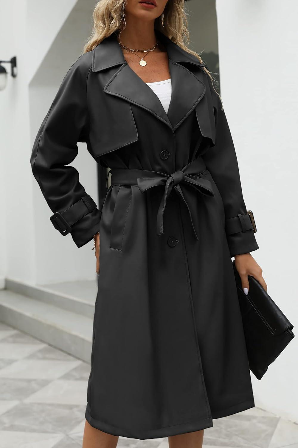 imageBellivera Women Trench Coat Long Loose Jacket Faux PU Leather Oversize Classic Lapel Overcoat with BeltBlack