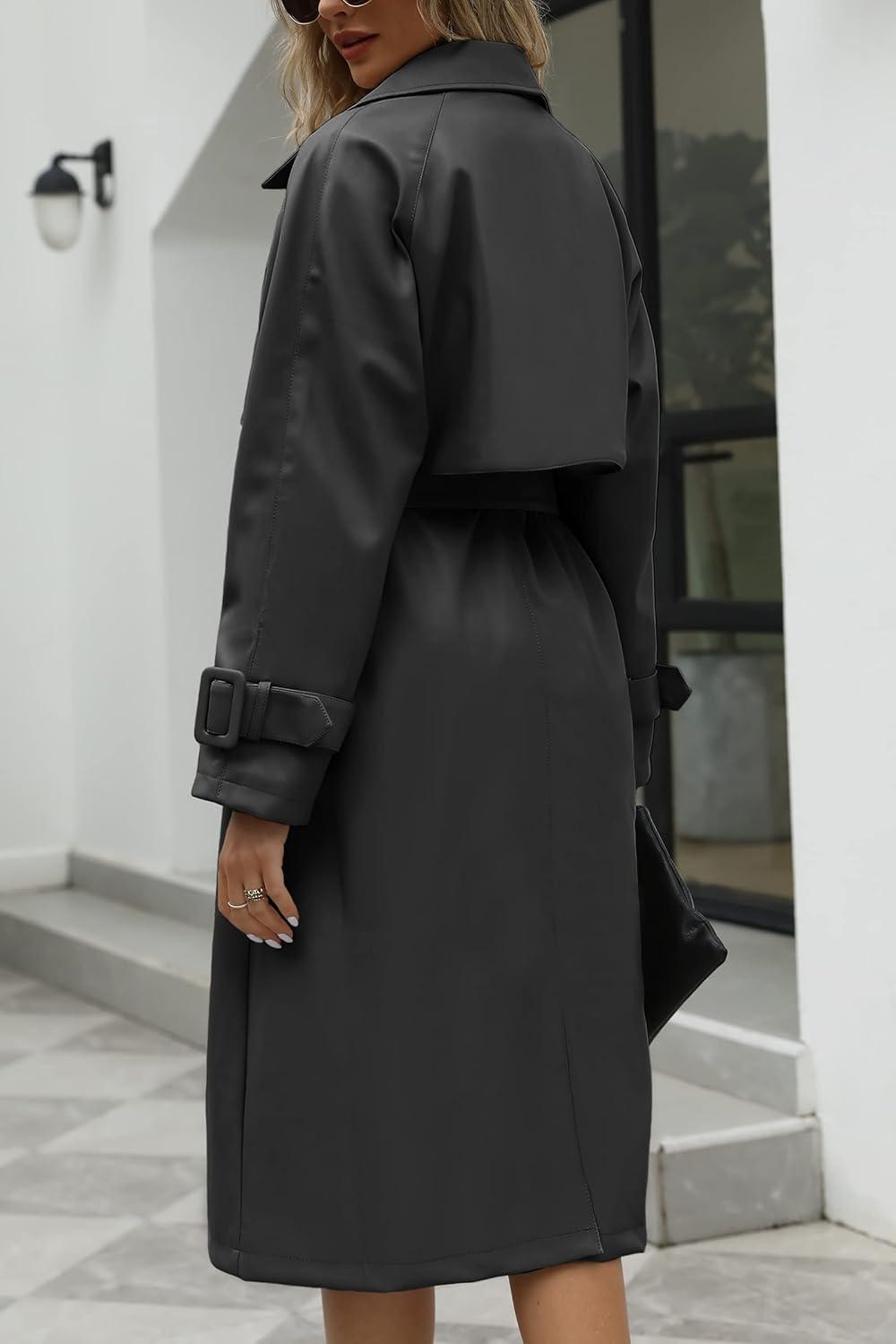 imageBellivera Women Trench Coat Long Loose Jacket Faux PU Leather Oversize Classic Lapel Overcoat with BeltBlack