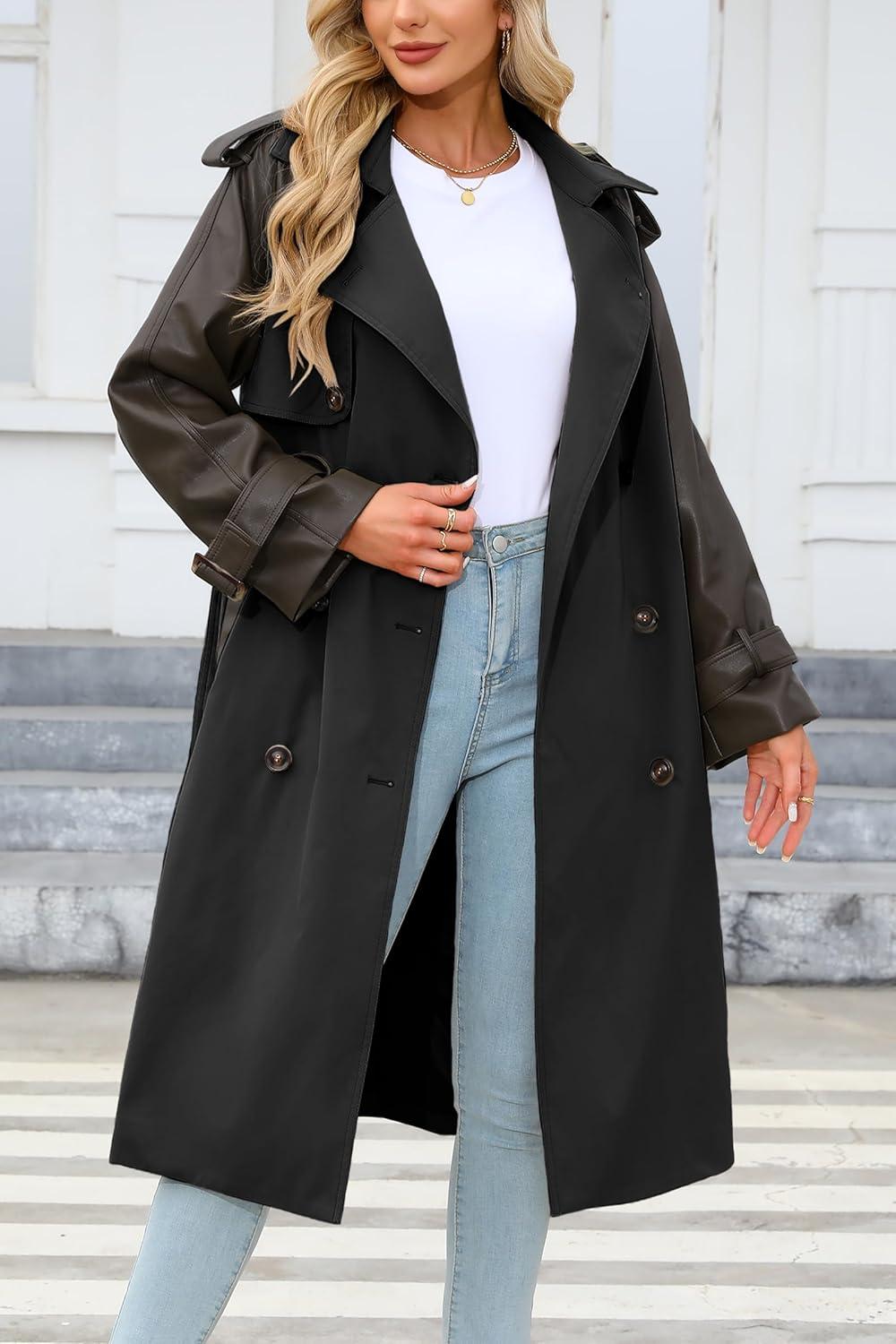 imageBellivera Women Trench Coat Long Loose Jacket Faux PU Leather Oversize Classic Lapel Overcoat with BeltInky Black