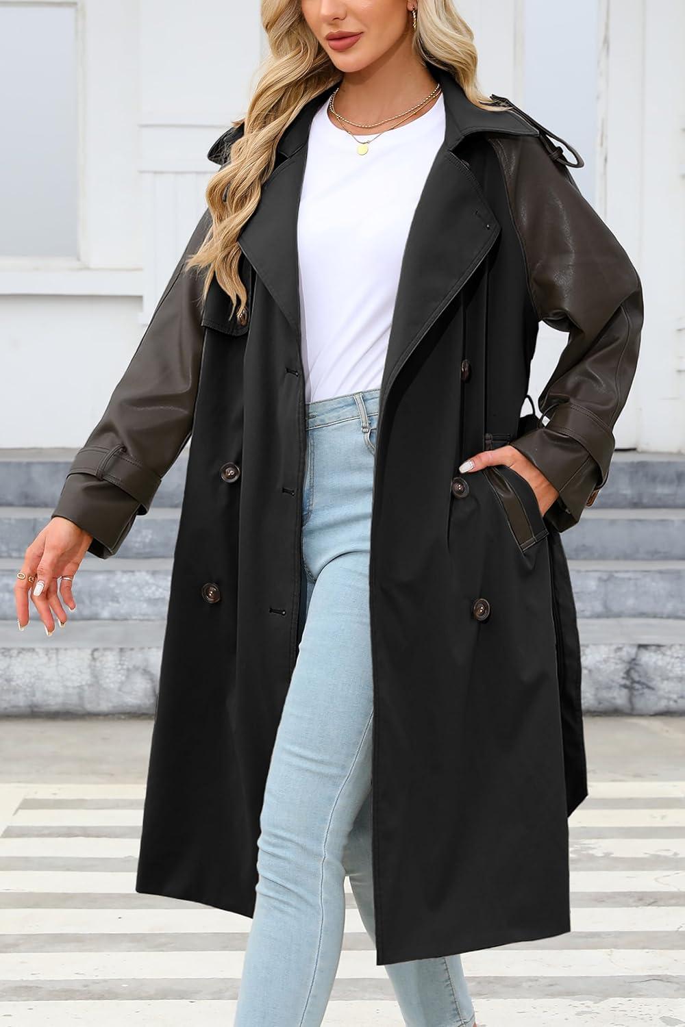 imageBellivera Women Trench Coat Long Loose Jacket Faux PU Leather Oversize Classic Lapel Overcoat with BeltInky Black