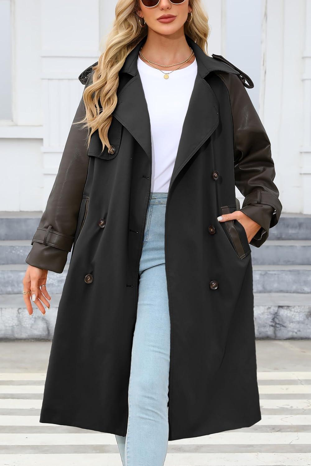 imageBellivera Women Trench Coat Long Loose Jacket Faux PU Leather Oversize Classic Lapel Overcoat with BeltInky Black