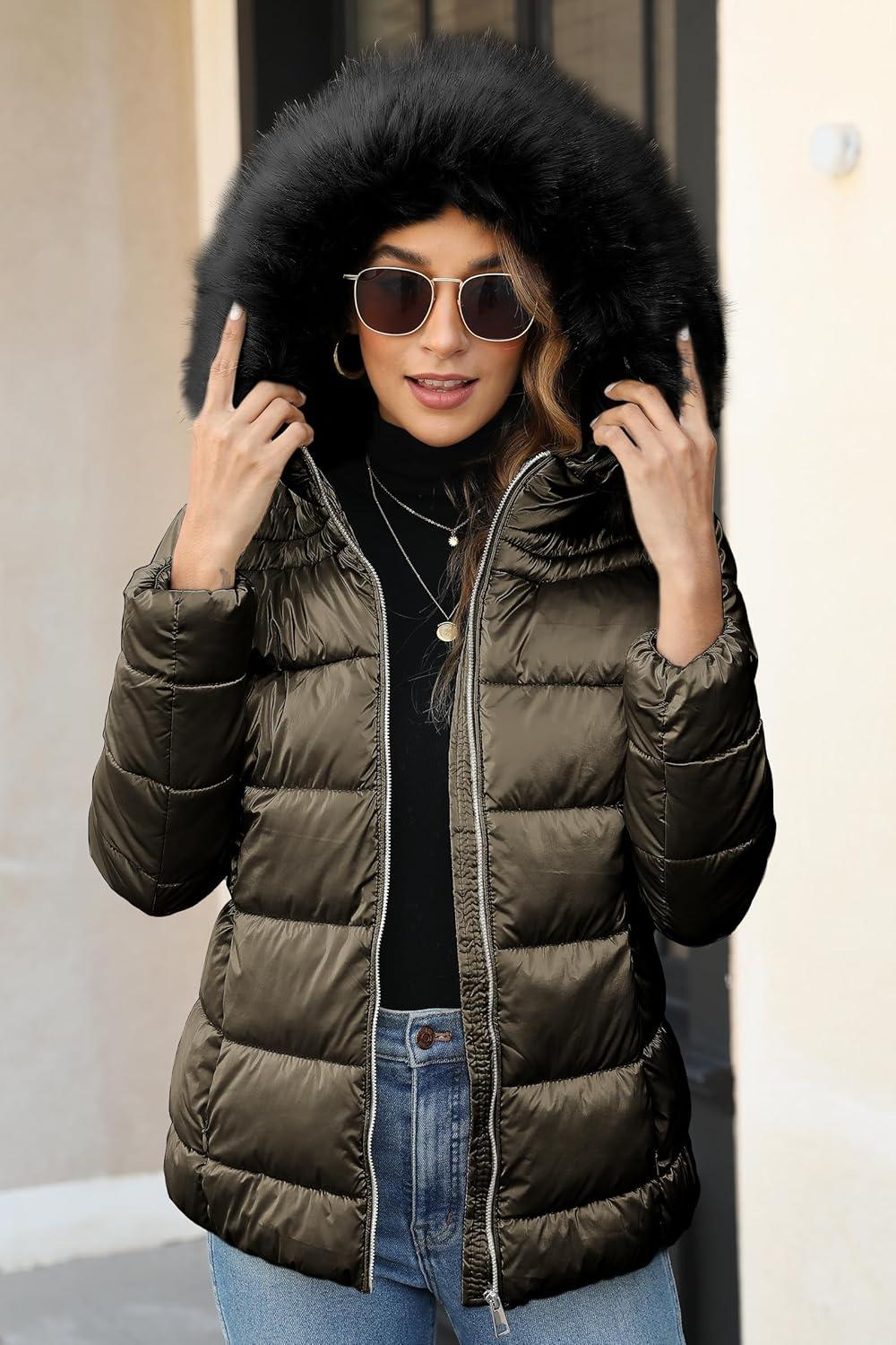 imageBellivera Womens Lightweight Puffer Jacket Winter Coats for Women Warm Quilted Bubble Padded Hood Coat with Faux Fur CollarKhaki Green