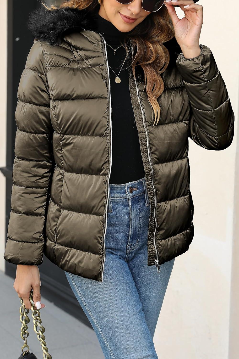 imageBellivera Womens Lightweight Puffer Jacket Winter Coats for Women Warm Quilted Bubble Padded Hood Coat with Faux Fur CollarKhaki Green