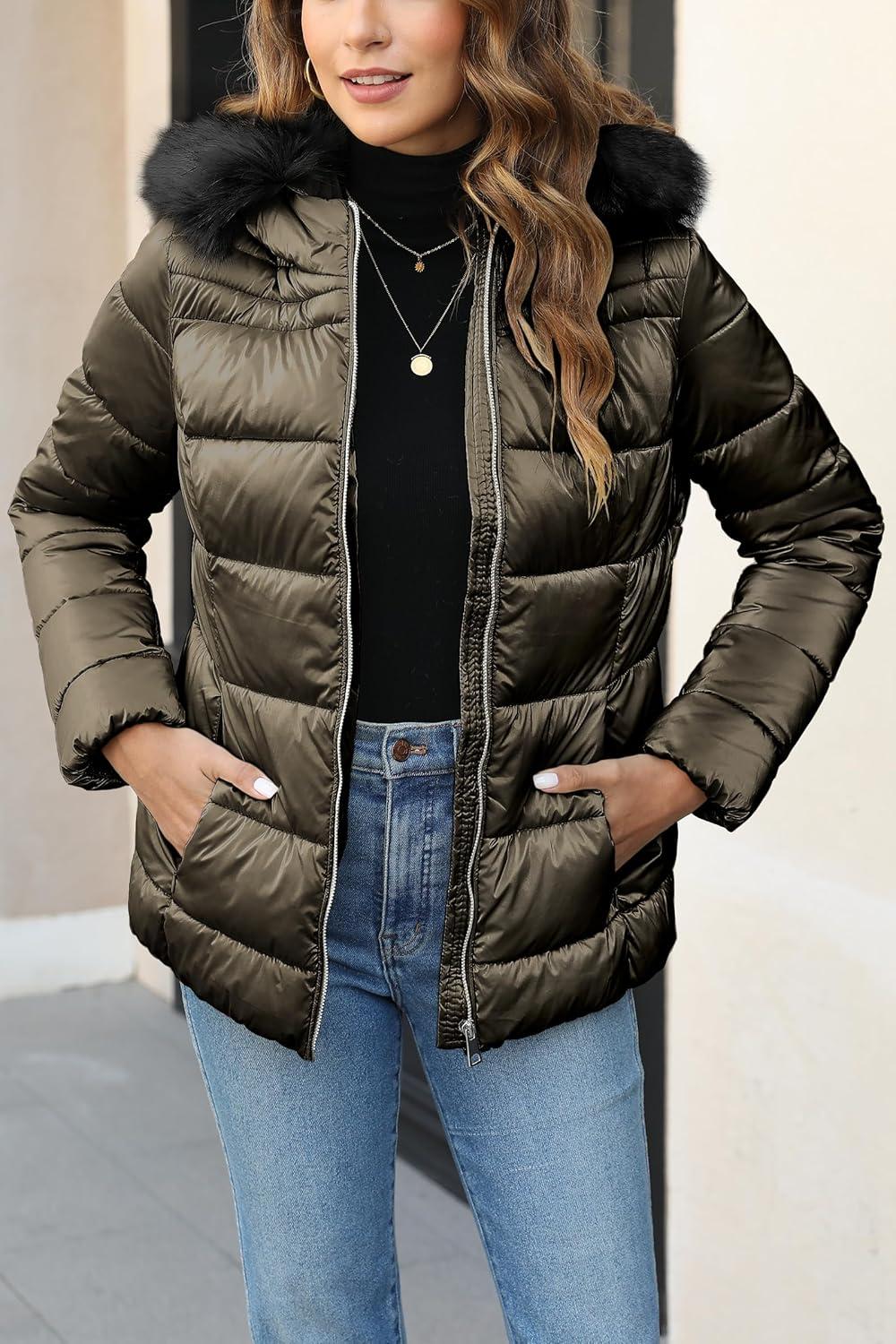 imageBellivera Womens Lightweight Puffer Jacket Winter Coats for Women Warm Quilted Bubble Padded Hood Coat with Faux Fur CollarKhaki Green