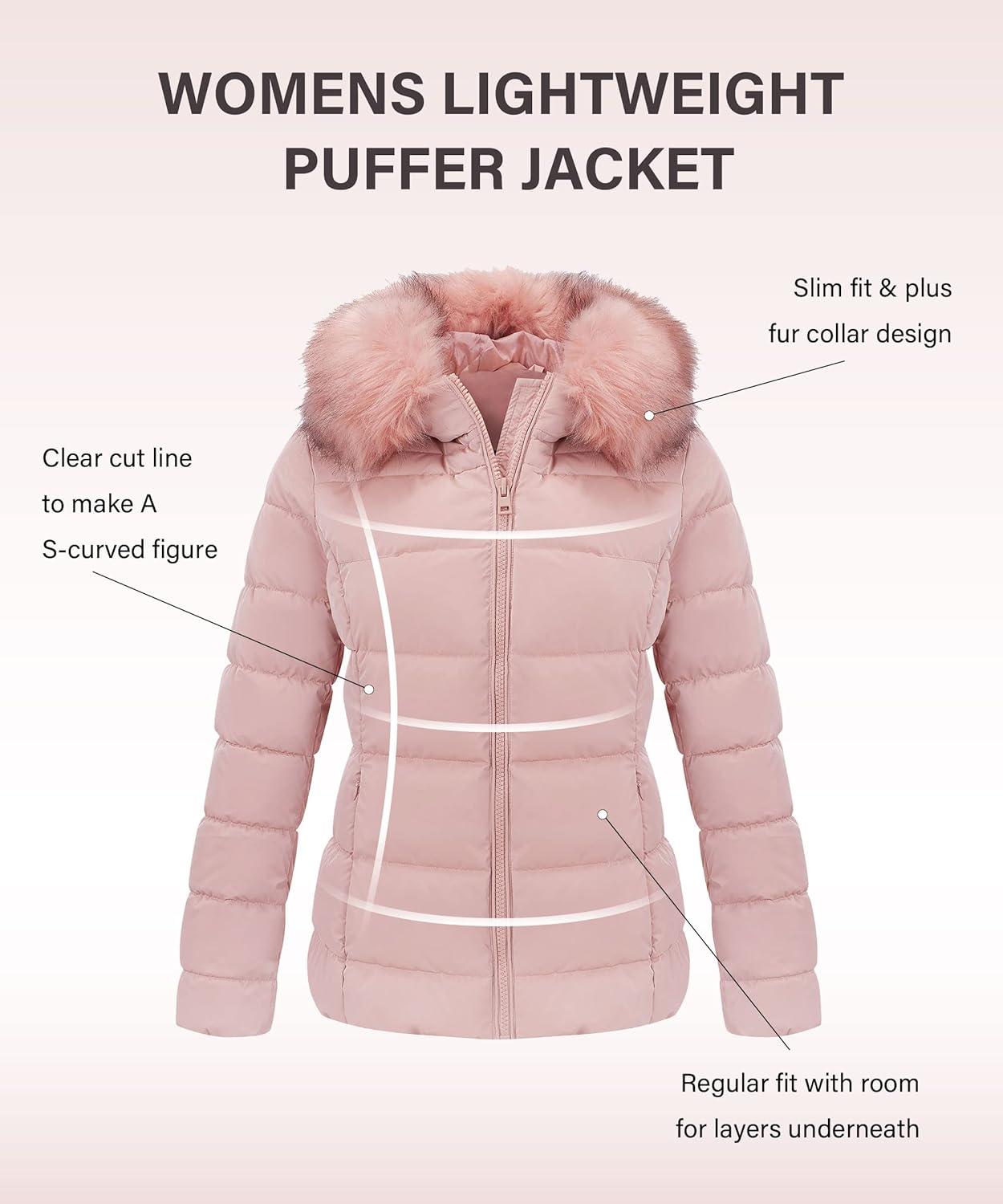 imageBellivera Womens Lightweight Puffer Jacket Winter Coats for Women Warm Quilted Bubble Padded Hood Coat with Faux Fur CollarPink