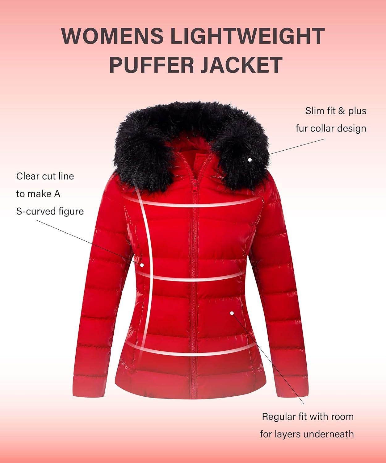 imageBellivera Womens Lightweight Puffer Jacket Winter Coats for Women Warm Quilted Bubble Padded Hood Coat with Faux Fur CollarRed