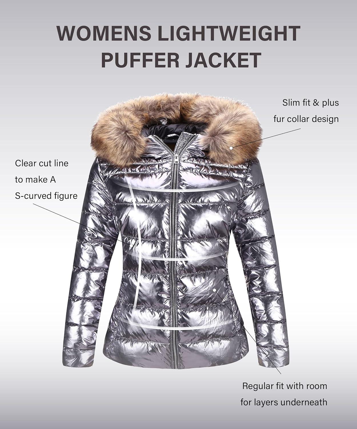 imageBellivera Womens Lightweight Puffer Jacket Winter Coats for Women Warm Quilted Bubble Padded Hood Coat with Faux Fur CollarSliver