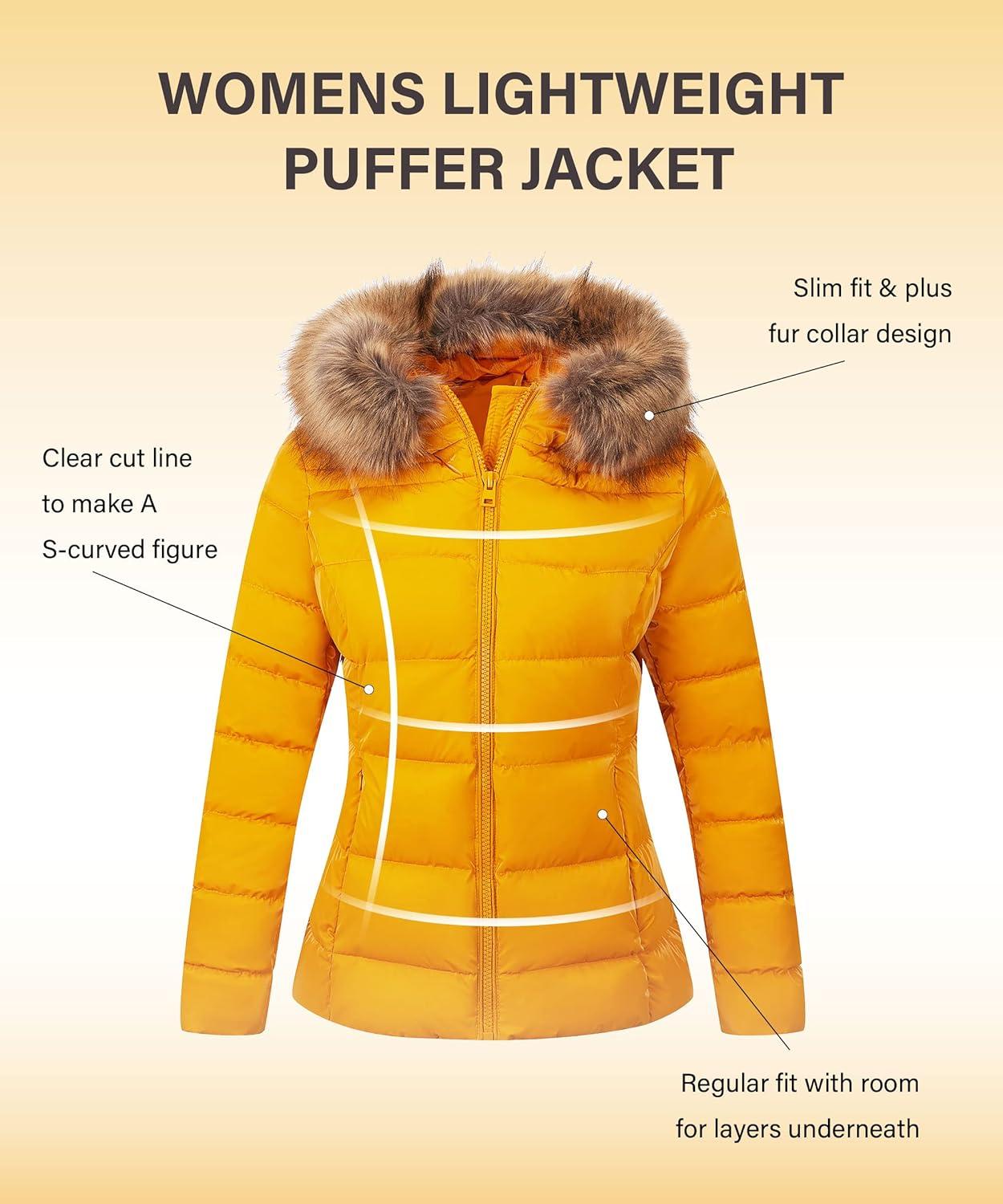 imageBellivera Womens Lightweight Puffer Jacket Winter Coats for Women Warm Quilted Bubble Padded Hood Coat with Faux Fur CollarYellow