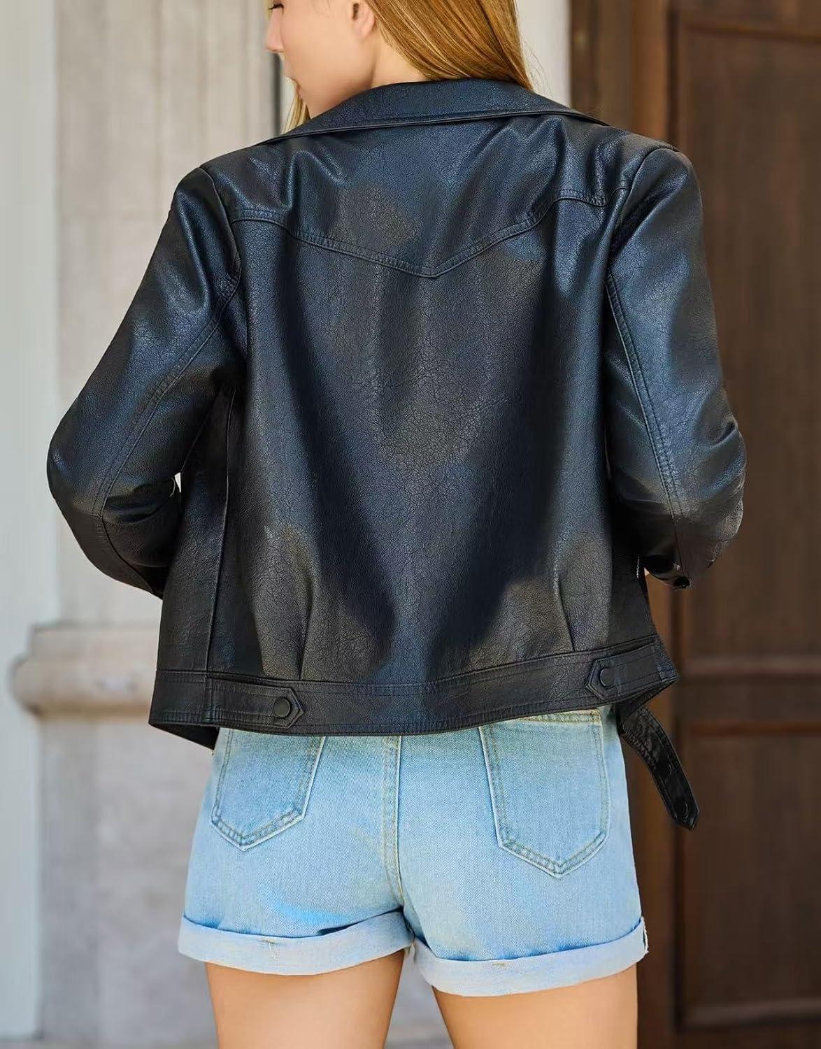 imageBello vita Womens Faux Leather Jacket Classic Cropped Motorcycle Biker Jacket Slim Fit Lightweight for Spring FallBlack