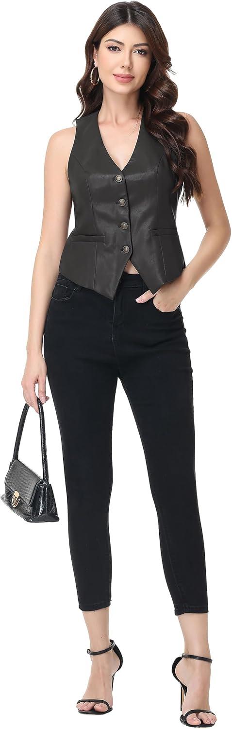 imageCFRTMTBB Womens PU Leather Vest Top Button Down V Neck Sleeveless Business Casual Jacket Vest WaistcoatBlack