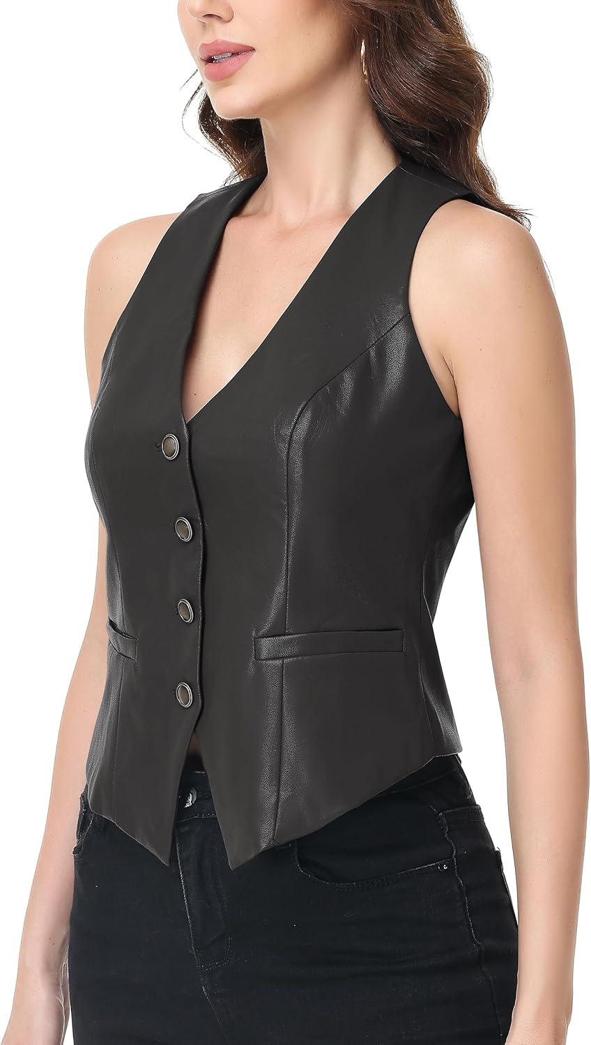 imageCFRTMTBB Womens PU Leather Vest Top Button Down V Neck Sleeveless Business Casual Jacket Vest WaistcoatBlack
