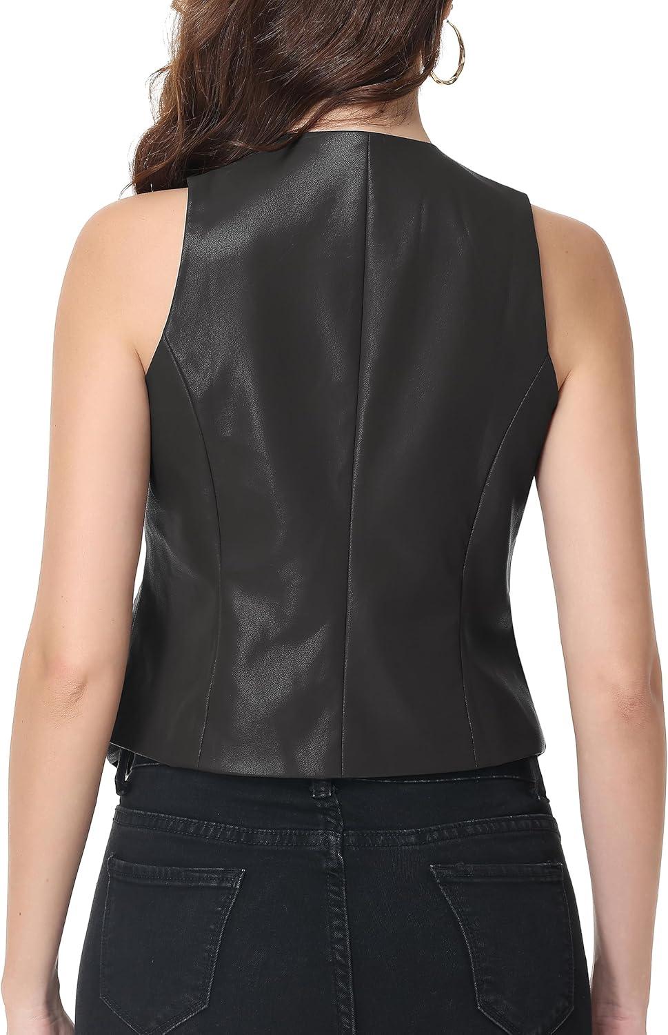 imageCFRTMTBB Womens PU Leather Vest Top Button Down V Neck Sleeveless Business Casual Jacket Vest WaistcoatBlack