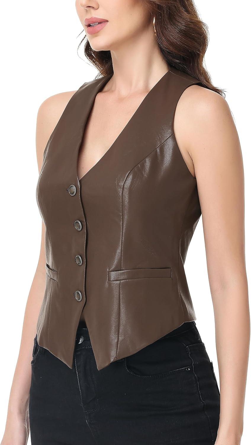 imageCFRTMTBB Womens PU Leather Vest Top Button Down V Neck Sleeveless Business Casual Jacket Vest WaistcoatBrown