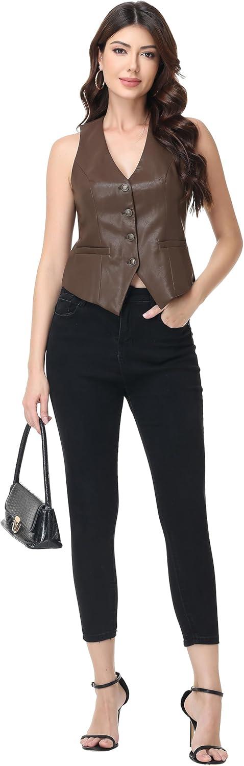 imageCFRTMTBB Womens PU Leather Vest Top Button Down V Neck Sleeveless Business Casual Jacket Vest WaistcoatBrown
