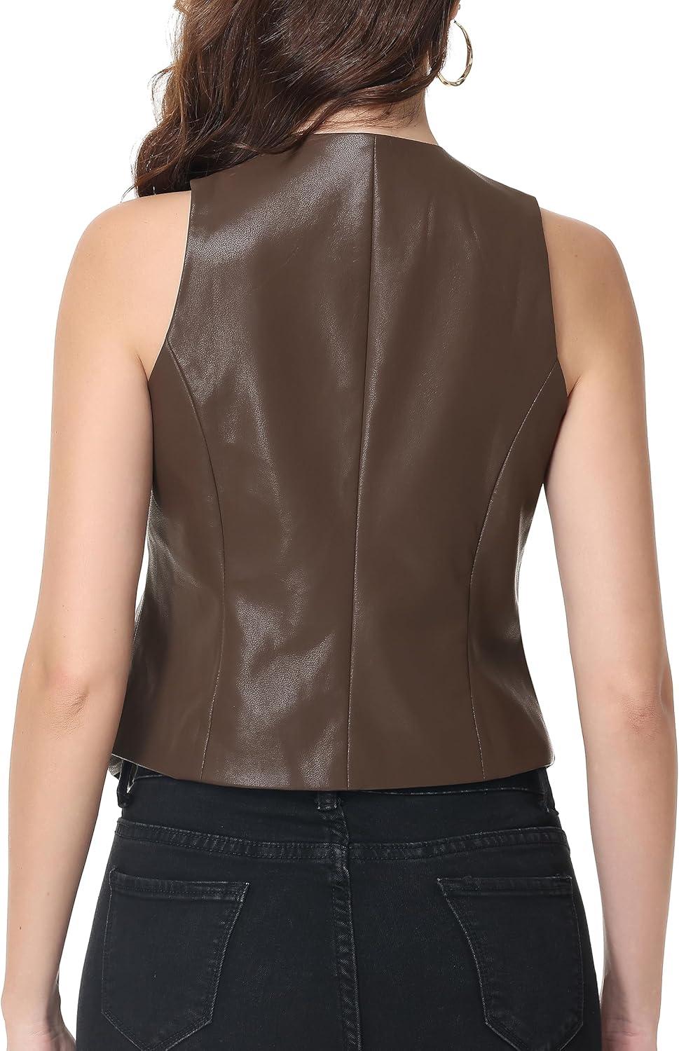 imageCFRTMTBB Womens PU Leather Vest Top Button Down V Neck Sleeveless Business Casual Jacket Vest WaistcoatBrown
