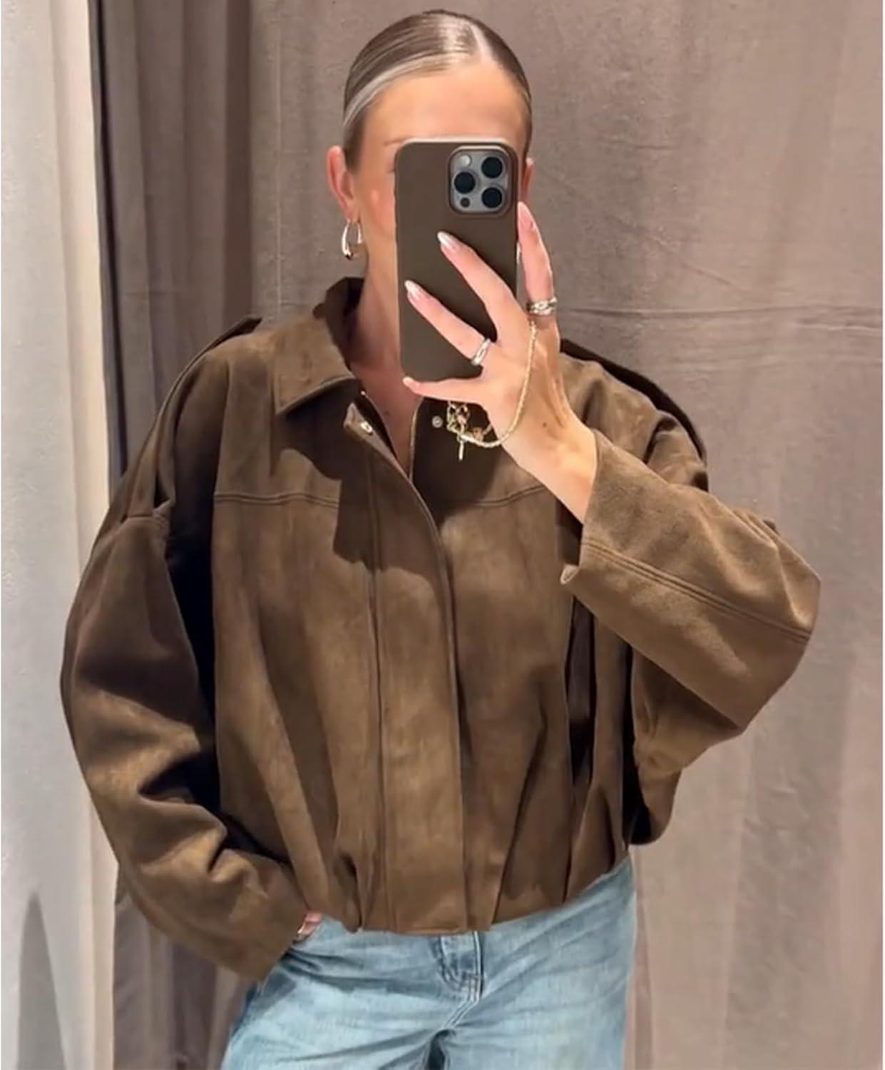 imageCsvinkiko Womens Faux Suede Bomber Jacket Oversized Pilot Coats Fall Lapel Zip Up Motorcycle Streetwear OuterwearBrown