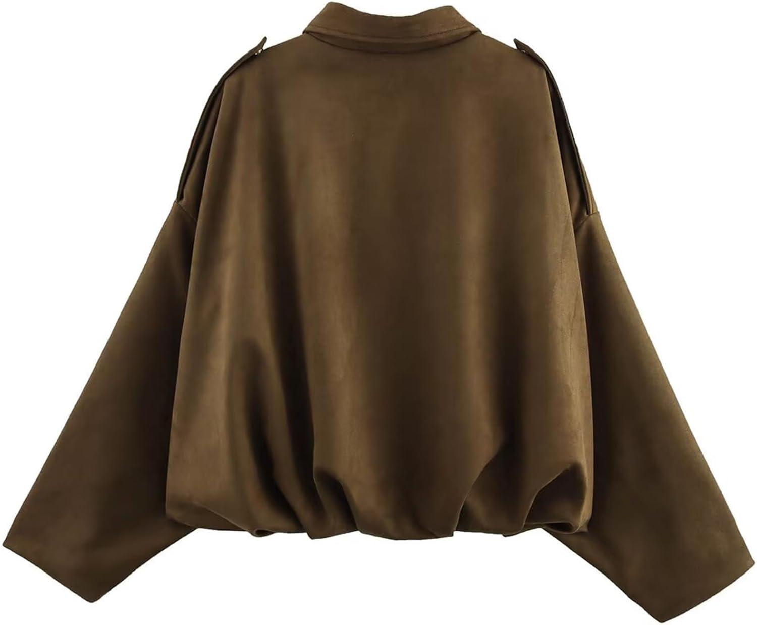 imageCsvinkiko Womens Faux Suede Bomber Jacket Oversized Pilot Coats Fall Lapel Zip Up Motorcycle Streetwear OuterwearBrown