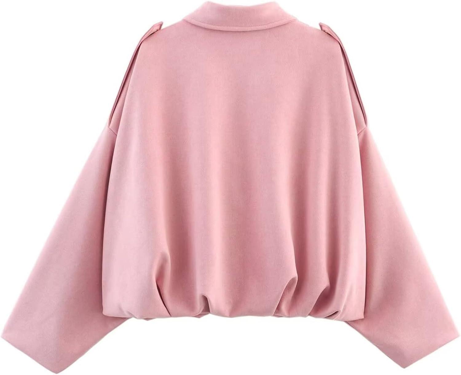 imageCsvinkiko Womens Faux Suede Bomber Jacket Oversized Pilot Coats Fall Lapel Zip Up Motorcycle Streetwear OuterwearPink