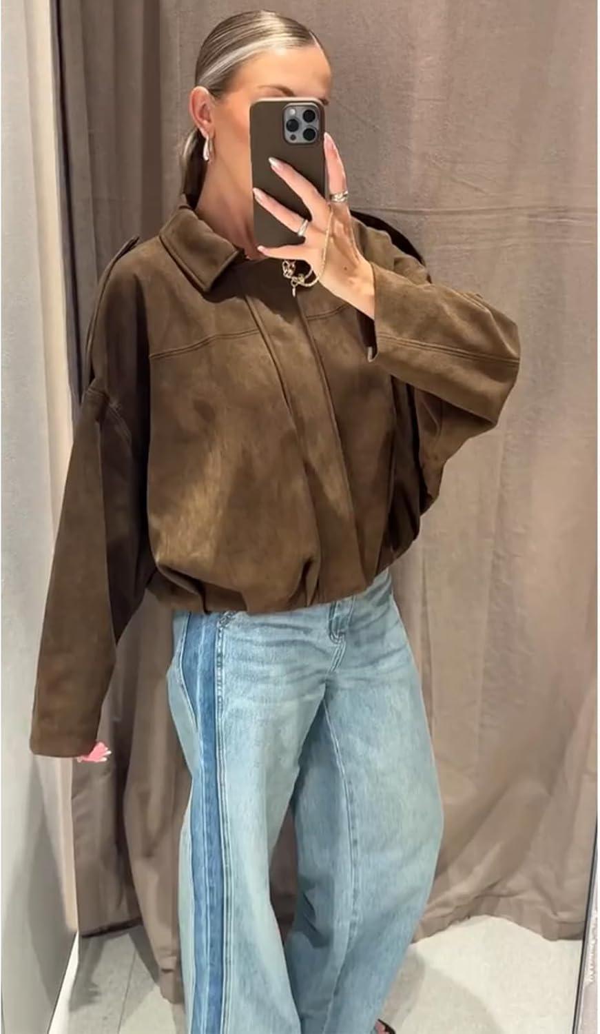 imageCsvinkiko Womens Faux Suede Bomber Jacket Oversized Pilot Coats Fall Lapel Zip Up Motorcycle Streetwear OuterwearPocket Brown