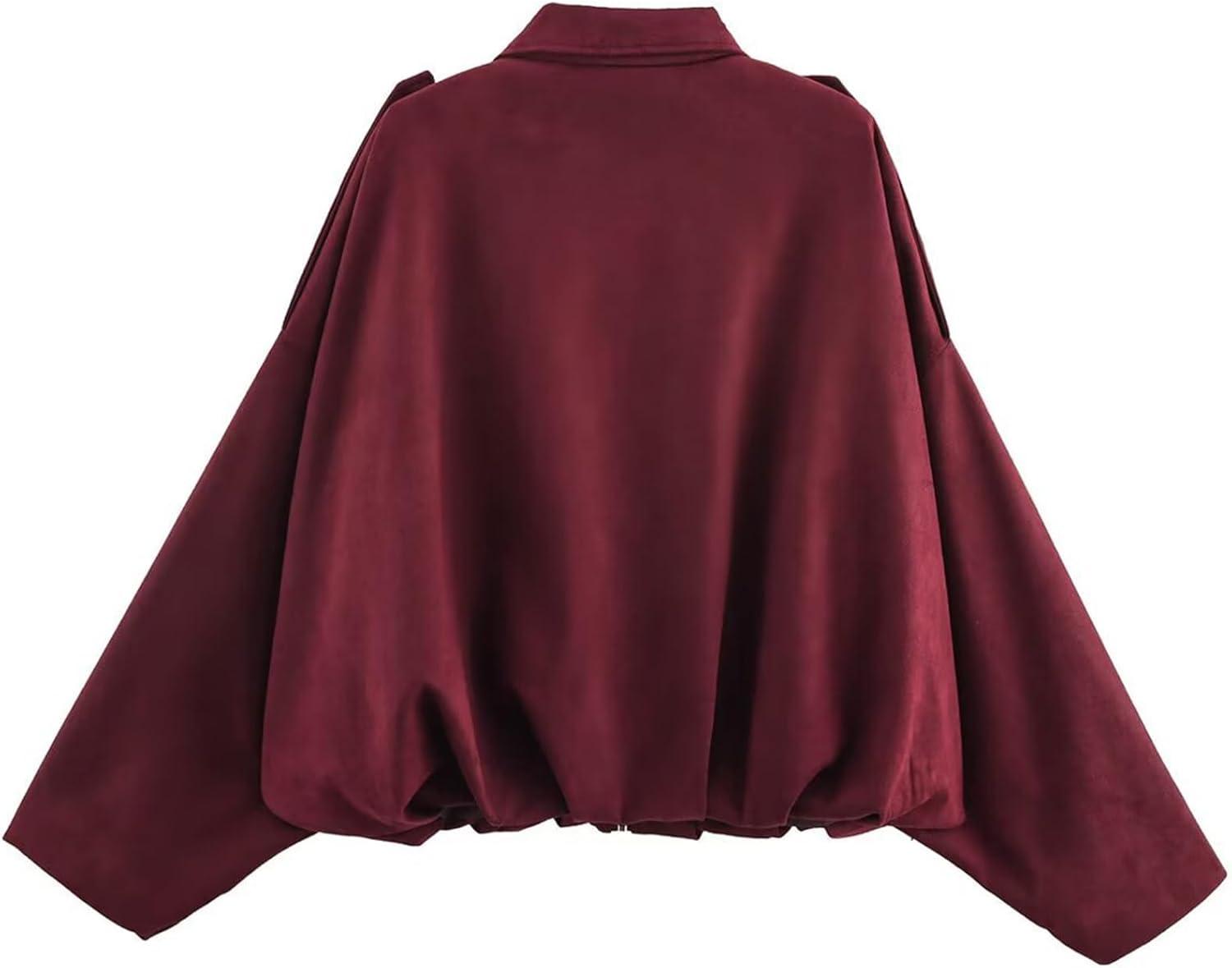imageCsvinkiko Womens Faux Suede Bomber Jacket Oversized Pilot Coats Fall Lapel Zip Up Motorcycle Streetwear OuterwearRed
