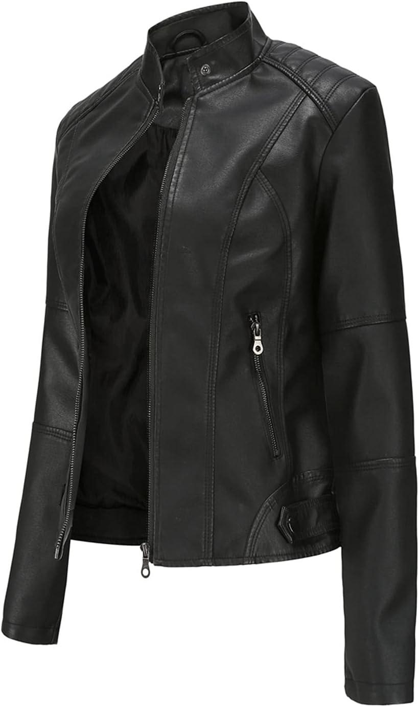 imageDEAR MODEL Faux Leather Jacket Women Bomber Jacket Womens Belted Motorcycle JacketBlack