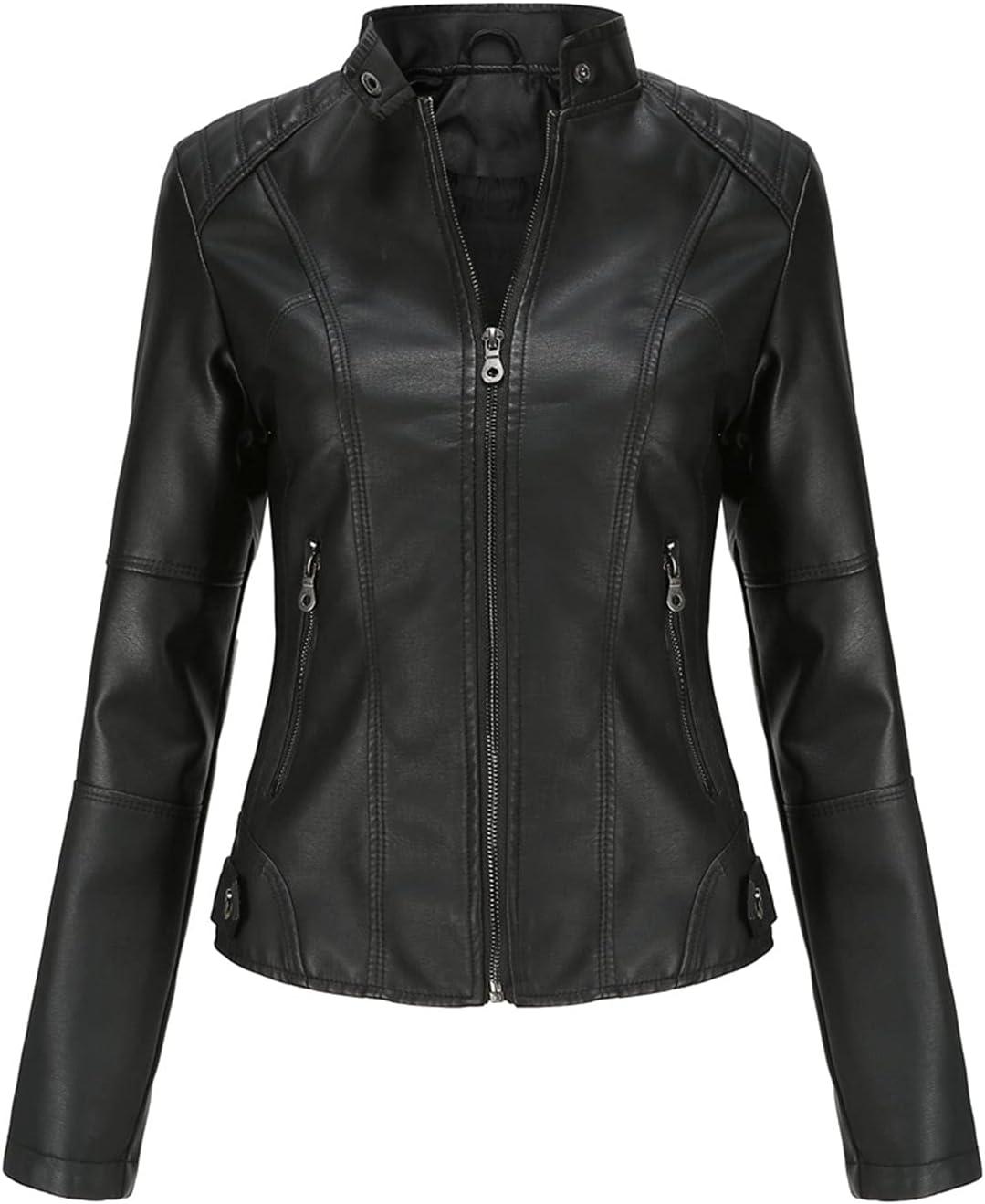 imageDEAR MODEL Faux Leather Jacket Women Bomber Jacket Womens Belted Motorcycle JacketBlack