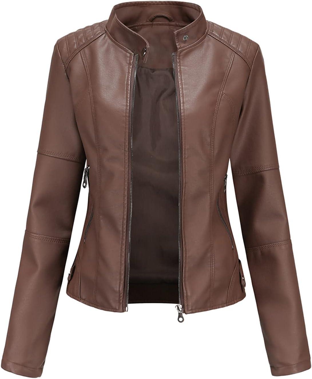 imageDEAR MODEL Faux Leather Jacket Women Bomber Jacket Womens Belted Motorcycle JacketBrown