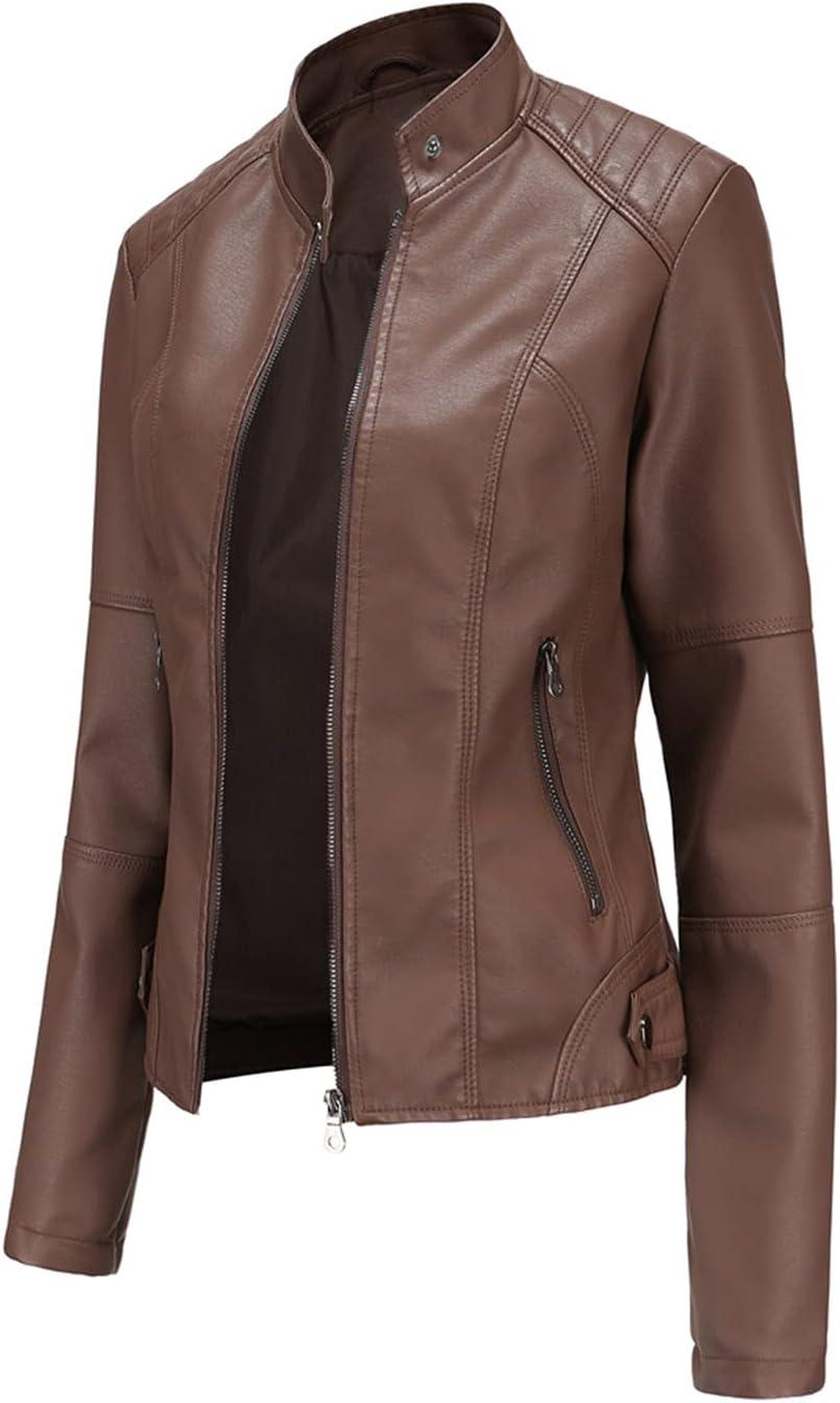 imageDEAR MODEL Faux Leather Jacket Women Bomber Jacket Womens Belted Motorcycle JacketBrown