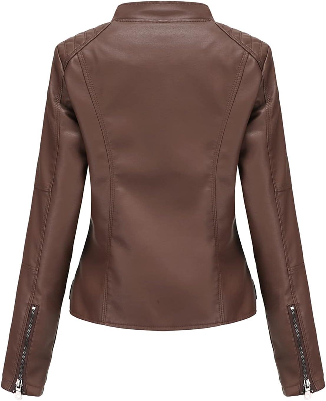imageDEAR MODEL Faux Leather Jacket Women Bomber Jacket Womens Belted Motorcycle JacketBrown