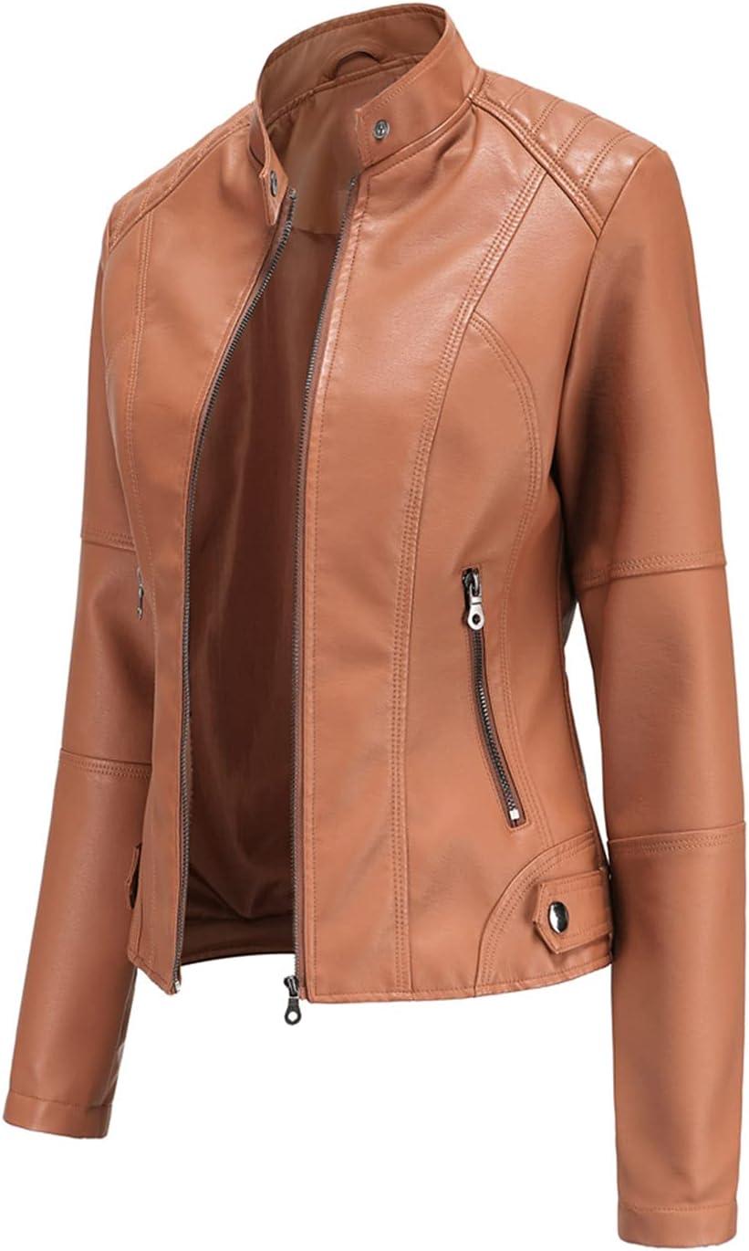 imageDEAR MODEL Faux Leather Jacket Women Bomber Jacket Womens Belted Motorcycle JacketCamel