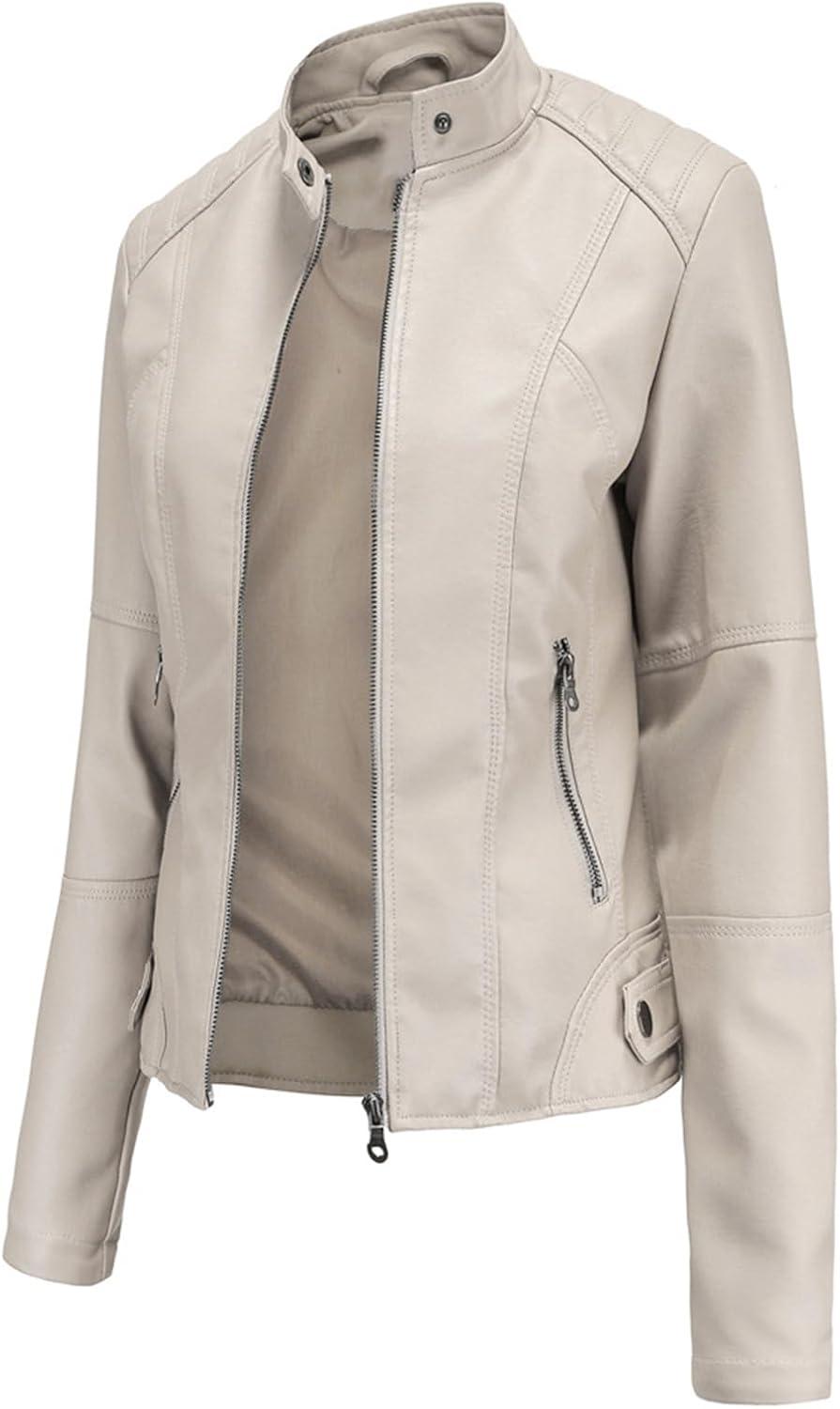 imageDEAR MODEL Faux Leather Jacket Women Bomber Jacket Womens Belted Motorcycle JacketCream