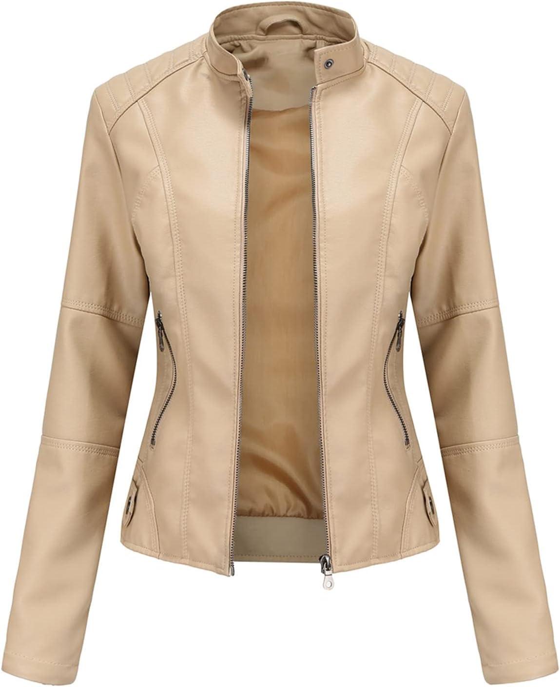 imageDEAR MODEL Faux Leather Jacket Women Bomber Jacket Womens Belted Motorcycle JacketKhaki
