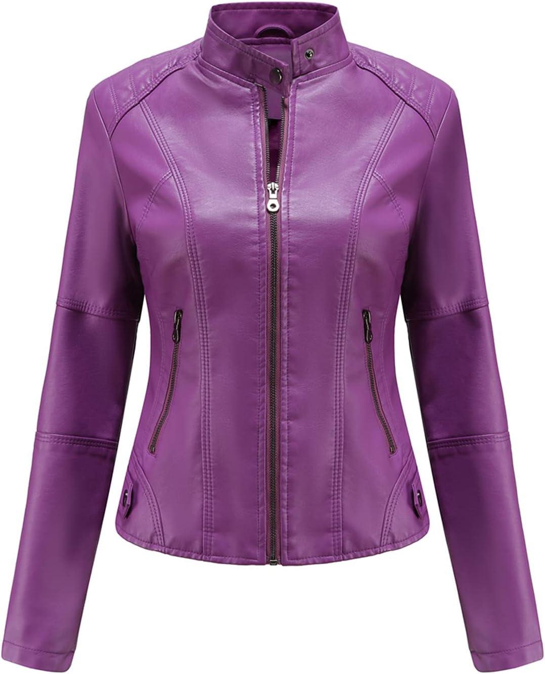 imageDEAR MODEL Faux Leather Jacket Women Bomber Jacket Womens Belted Motorcycle JacketPurple