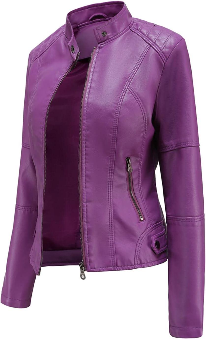 imageDEAR MODEL Faux Leather Jacket Women Bomber Jacket Womens Belted Motorcycle JacketPurple