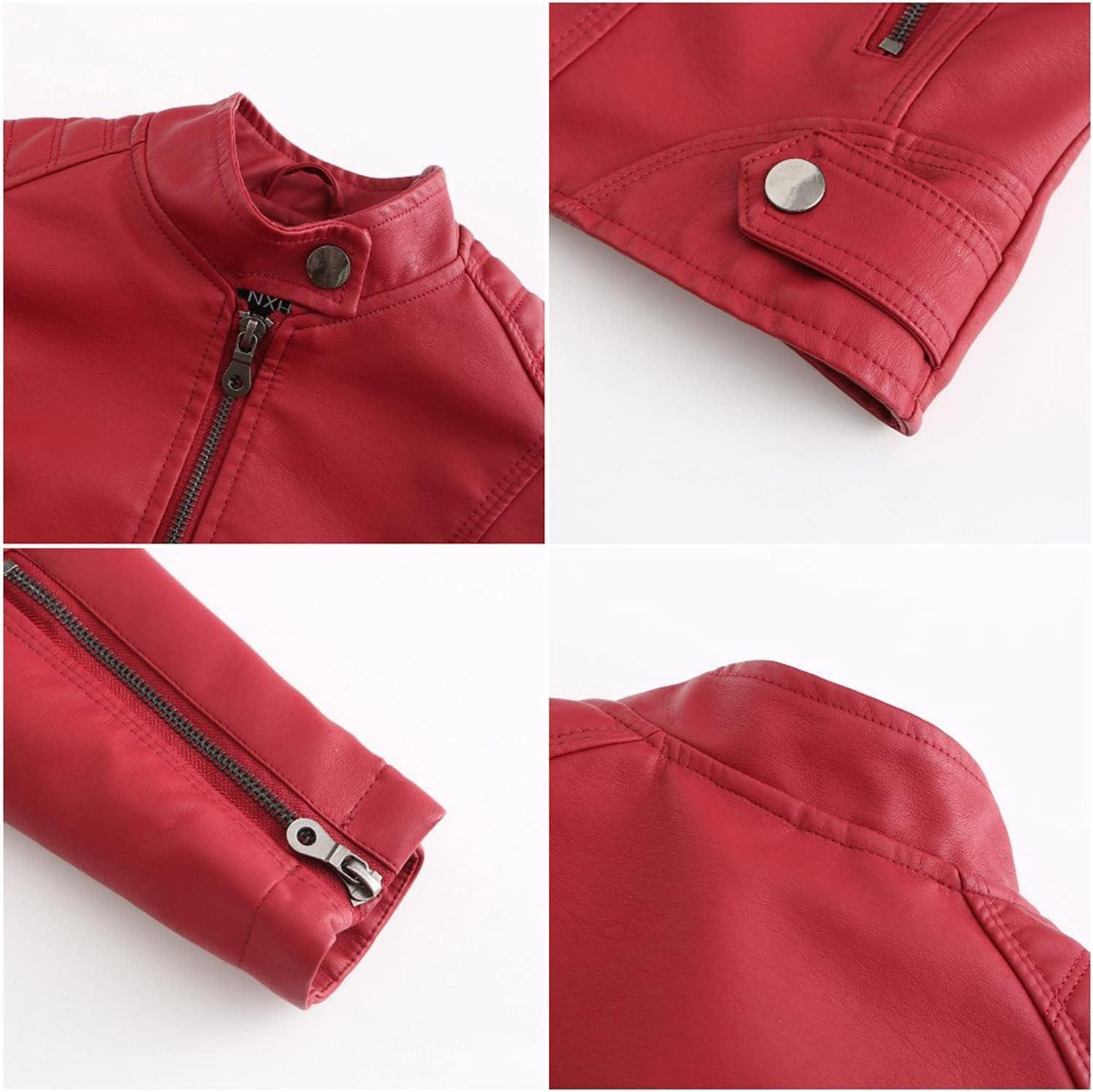 imageDEAR MODEL Faux Leather Jacket Women Bomber Jacket Womens Belted Motorcycle JacketRed
