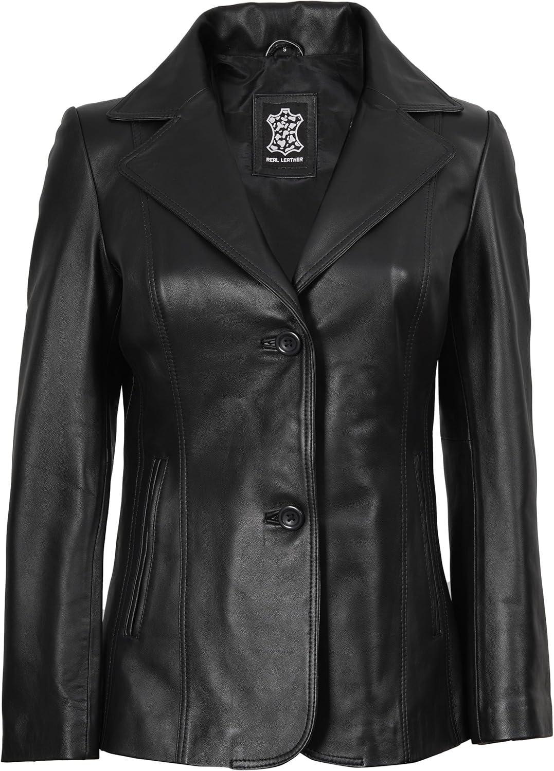 imageDecrum Real Leather Blazer Women Casual Stylish Lambskin Leather Blazer for WomenSurrey Black Leather Blazer Women