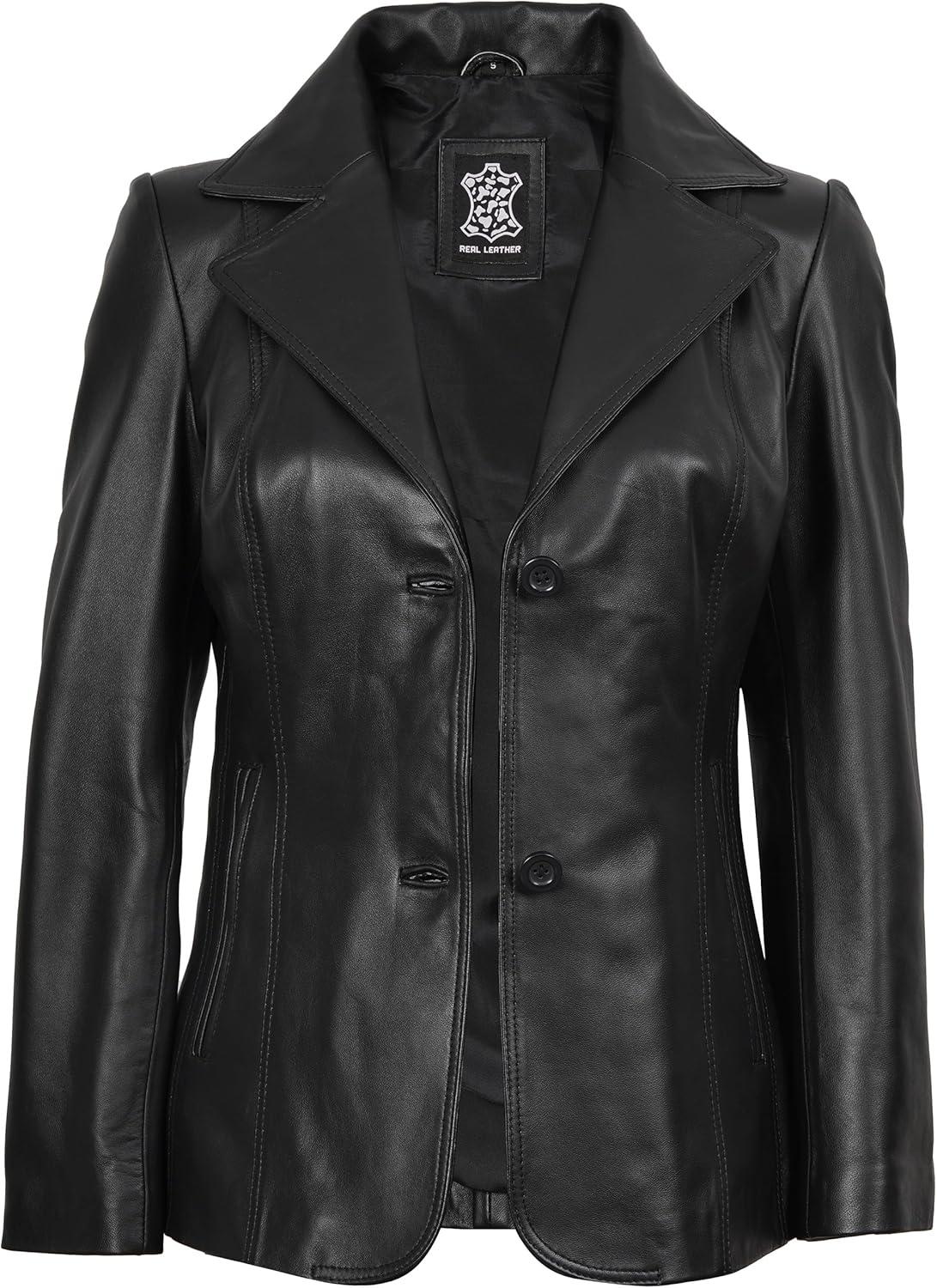 imageDecrum Real Leather Blazer Women Casual Stylish Lambskin Leather Blazer for WomenSurrey Black Leather Blazer Women