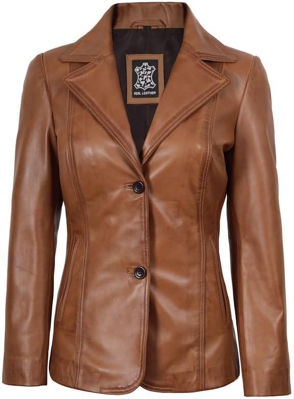imageDecrum Real Leather Blazer Women Casual Stylish Lambskin Leather Blazer for WomenSurrey Brown Leather Blazer Women