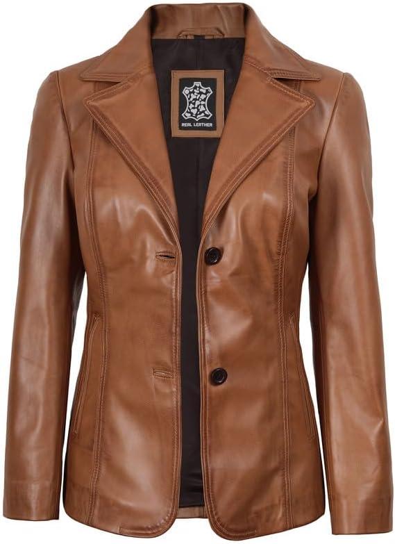 imageDecrum Real Leather Blazer Women Casual Stylish Lambskin Leather Blazer for WomenSurrey Brown Leather Blazer Women